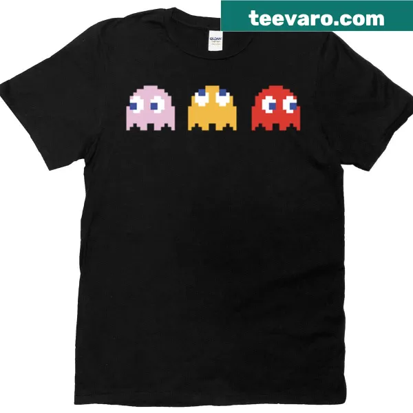 Cartoon design of Pacman ghosts on a T-shirt.
