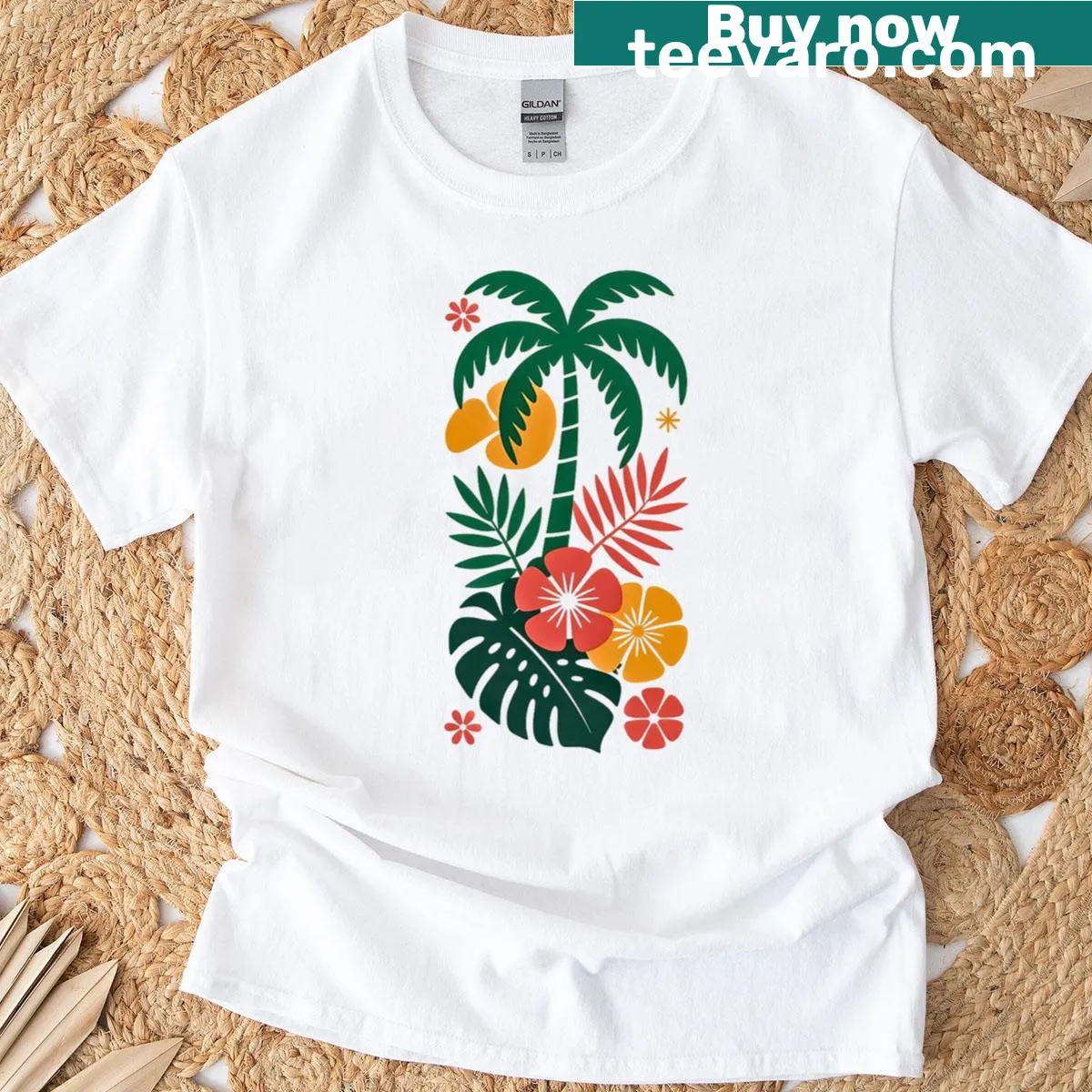 T-shirt with a palm tree graphic in a circle design — on a men's t-shirt