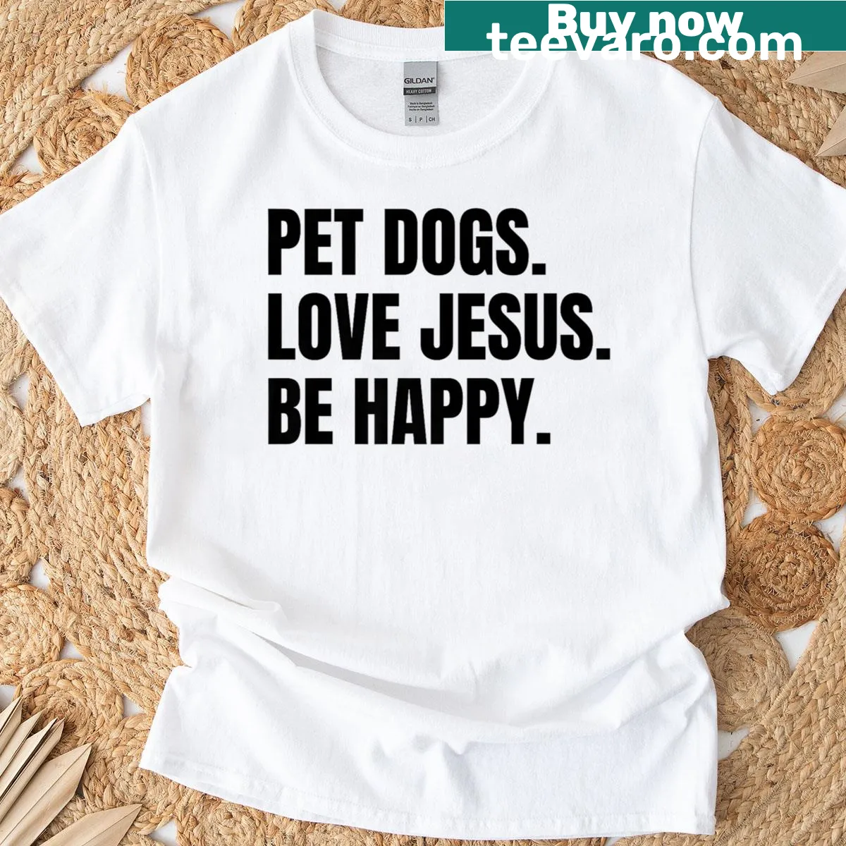 T-shirt with the message Pet Dogs Love Jesus Be Happy in playful typography — on a men's t-shirt