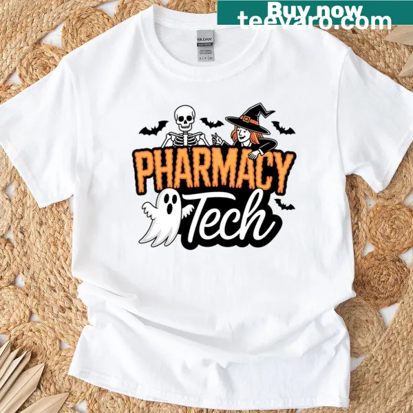 Halloween-themed T-shirt with skeleton witch and pharmacy elements.