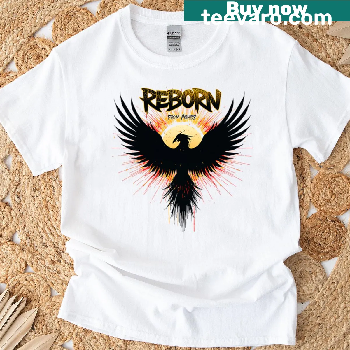 Illustration of a phoenix rising with fire wings on t-shirt — on a men's t-shirt