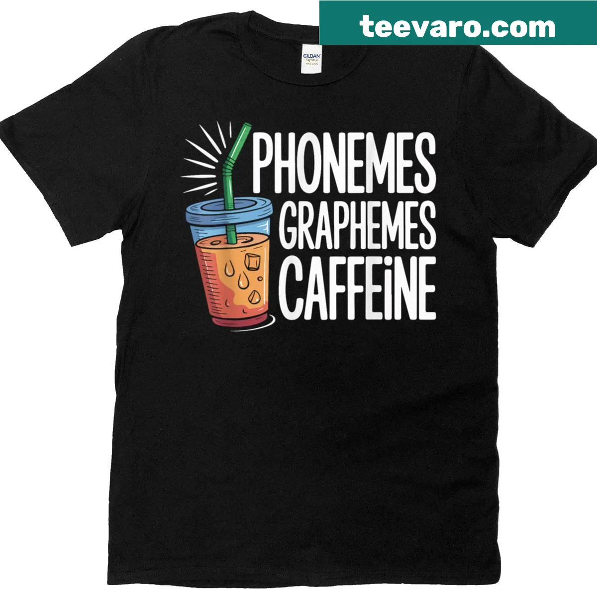 Funny back-to-school T-shirt featuring phonics and caffeine graphics — on a men's t-shirt