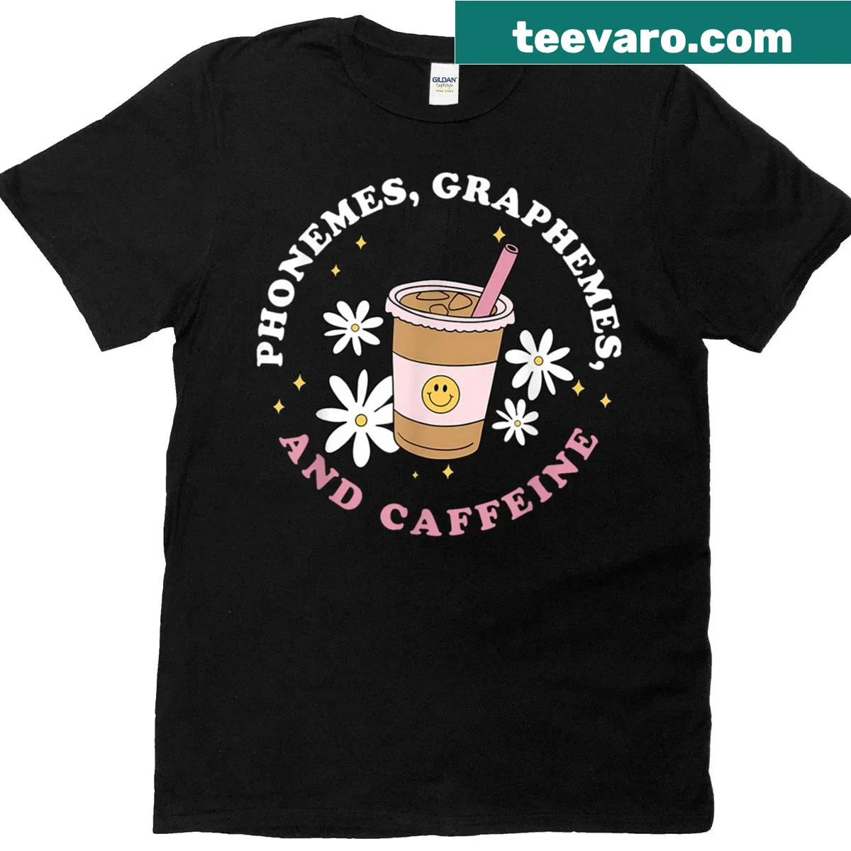 Funny t-shirt featuring phonemes, graphemes, and caffeine for students. — on a men's t-shirt