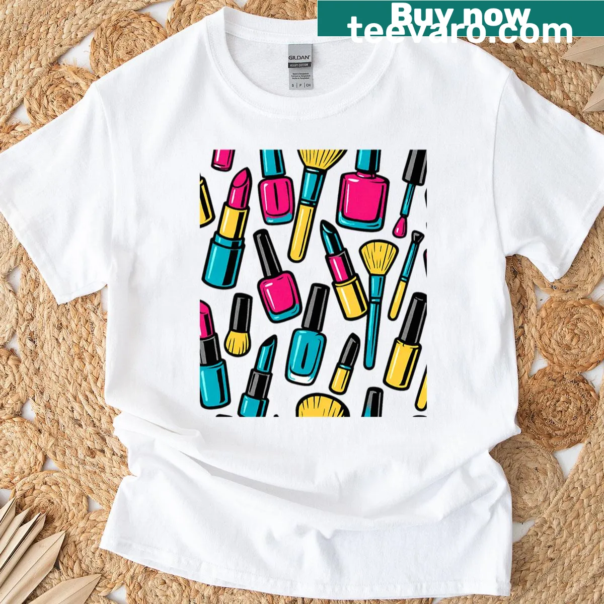Dynamic pop art graphic of a makeup explosion on a T-shirt — on a men's t-shirt