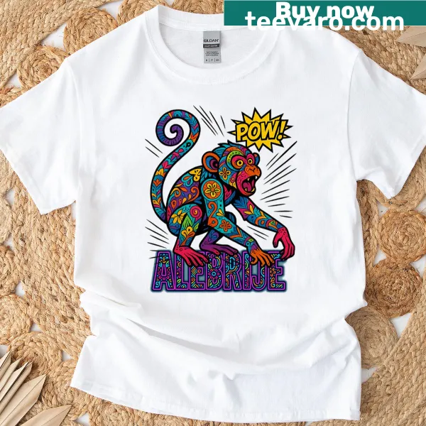 A whimsical pow monkey illustration inspired by Mexican alebrije art