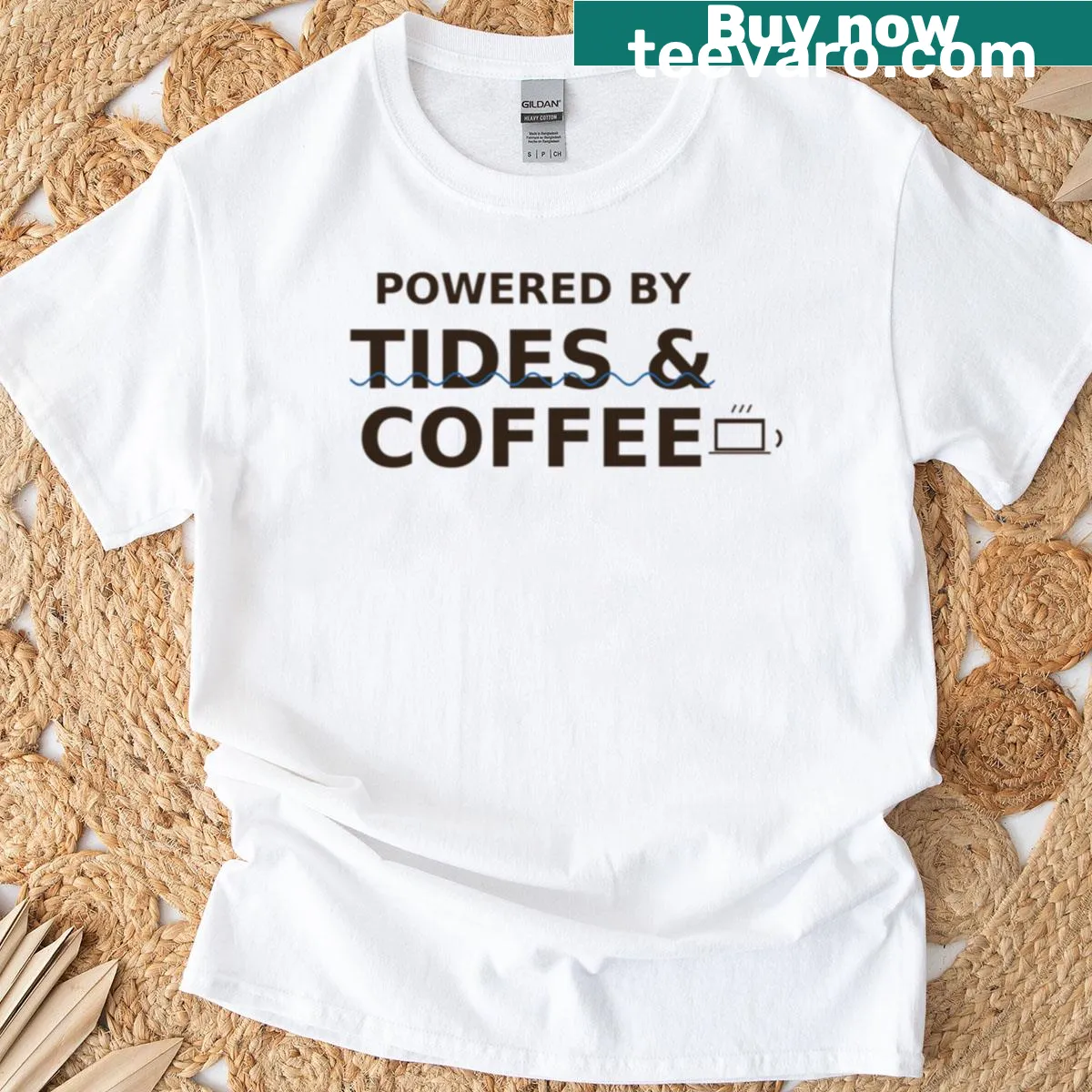 Coastal coffee lover design with 'Powered By Tides' text — on a men's t-shirt