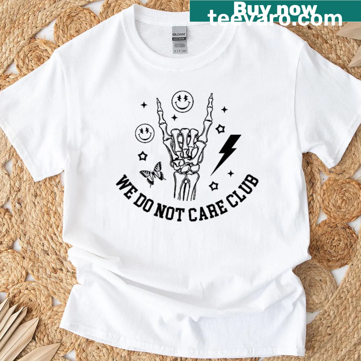 Two-sided t-shirt with groovy skeleton hand design for WDNC Club members — on a men's t-shirt