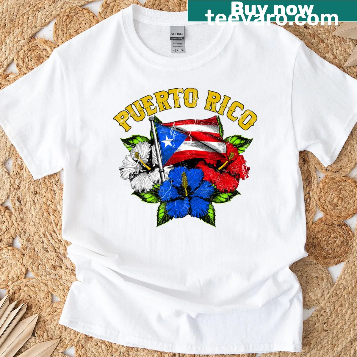 T-shirt featuring Puerto Rico flag design with floral elements — on a men's t-shirt