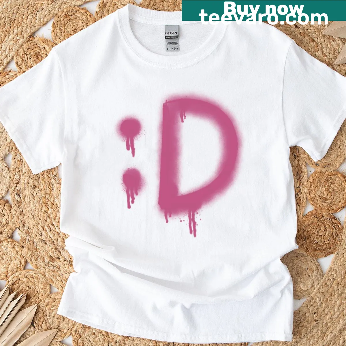 Edgy sideways smile graphic in spray paint style — on a men's t-shirt