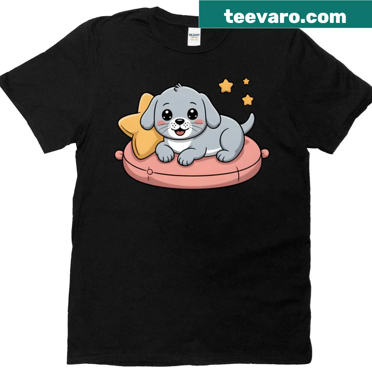 Illustration of a puppy resting on a cushion with a star pillow. — on a men's t-shirt