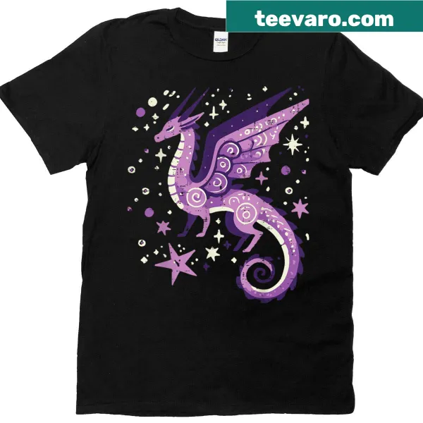Cute T-shirt with purple dragons and stars for kids and women