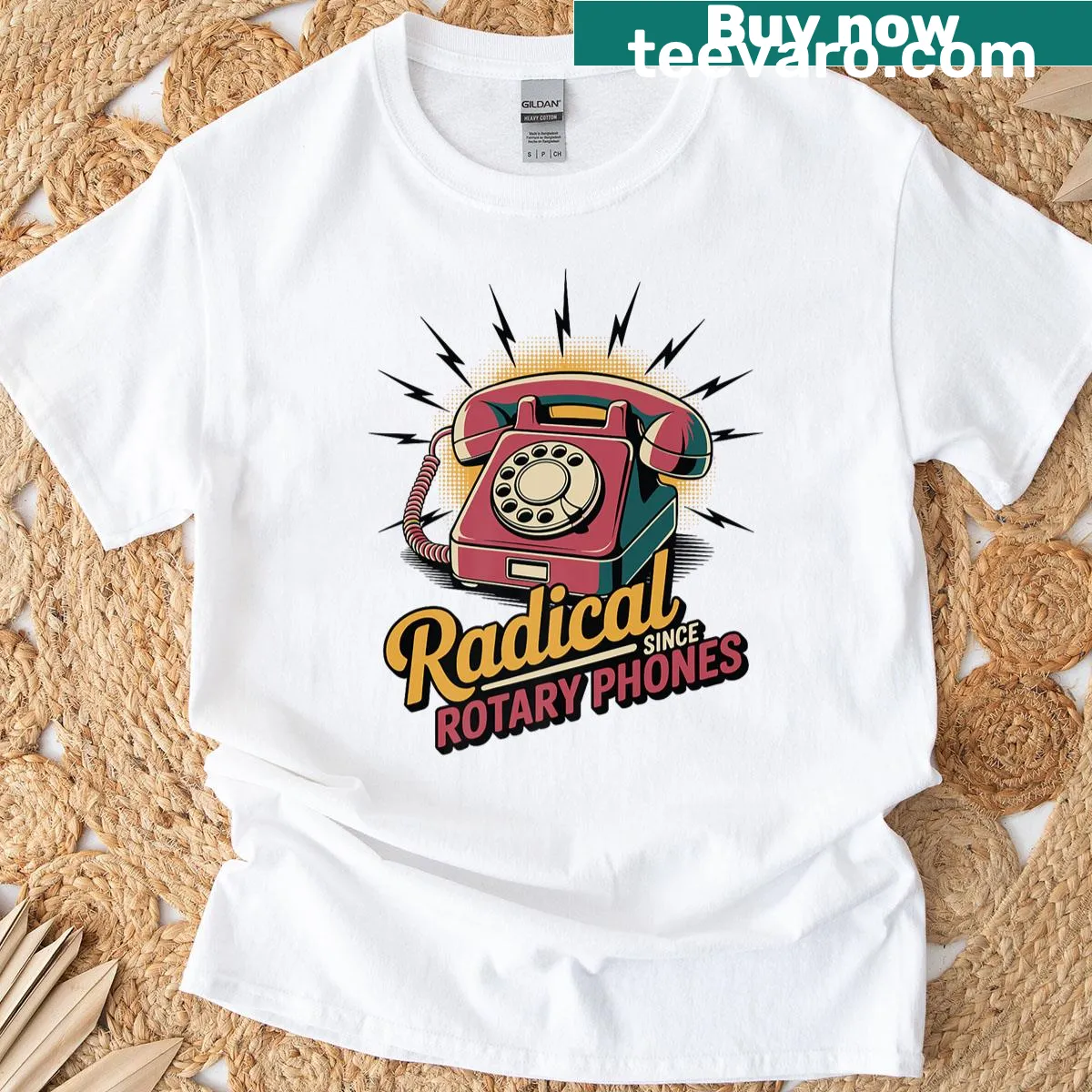 Funny retro t-shirt with 'Radical Since Rotary Phones' text — on a men's t-shirt