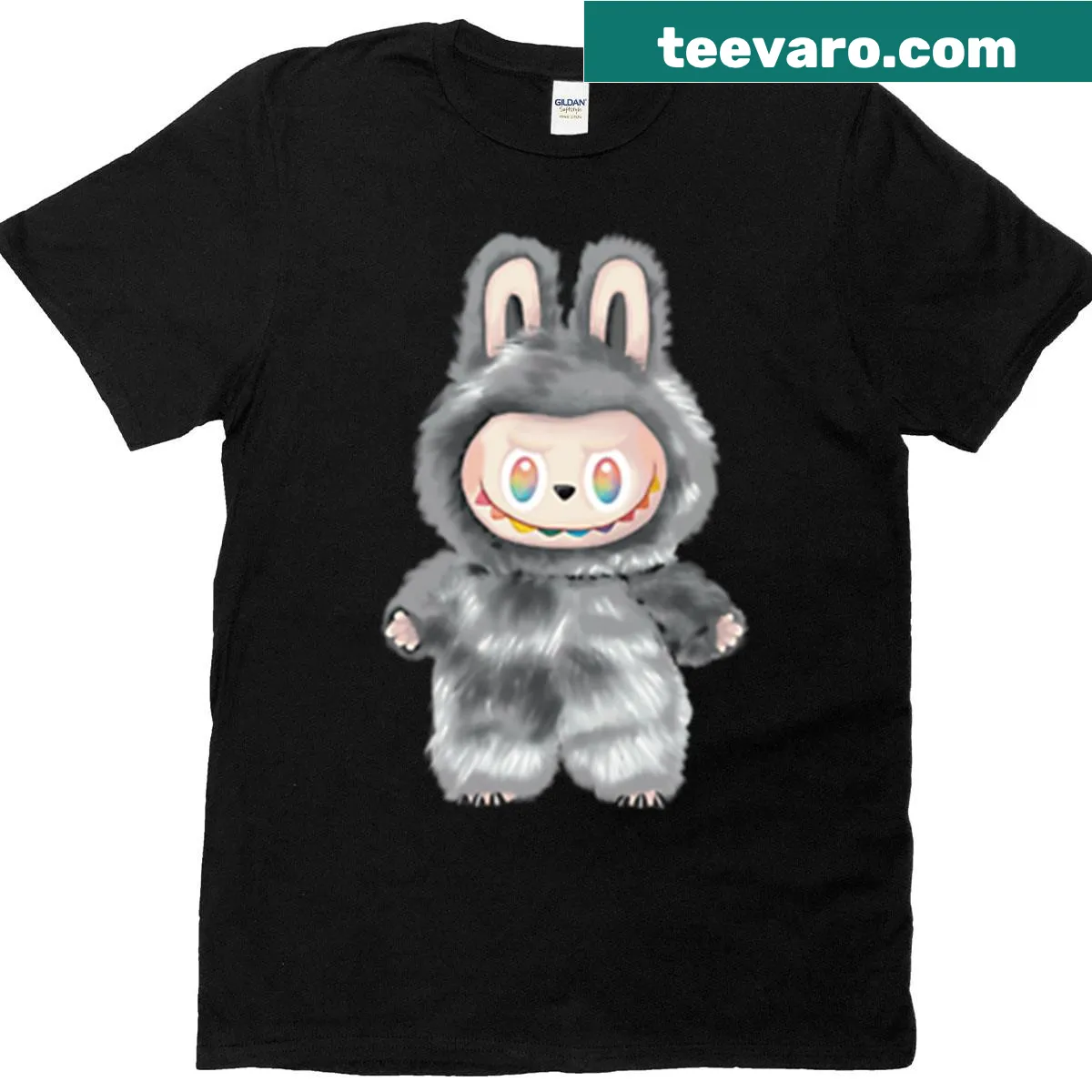Cute illustration of a fluffy Labubu creature with rainbow eyes — on a men's t-shirt