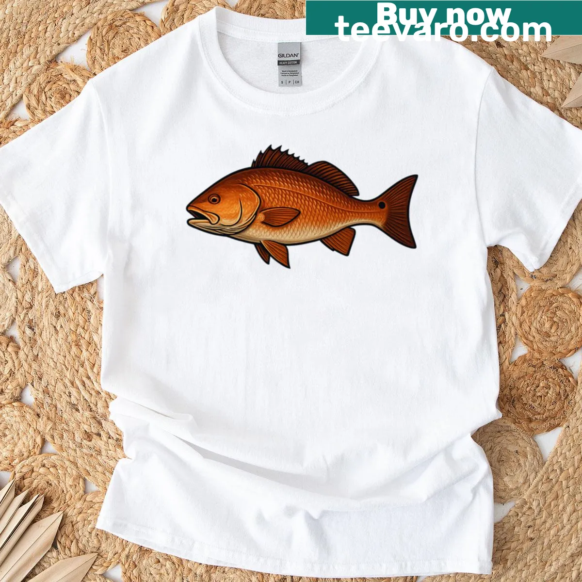 Illustrative T-shirt with redfish and copper scales design — on a men's t-shirt