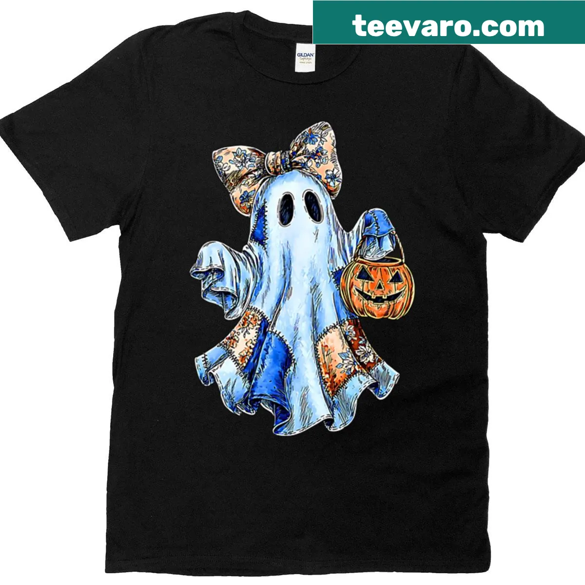 Retro patchwork ghost design on a Halloween t-shirt — on a men's t-shirt