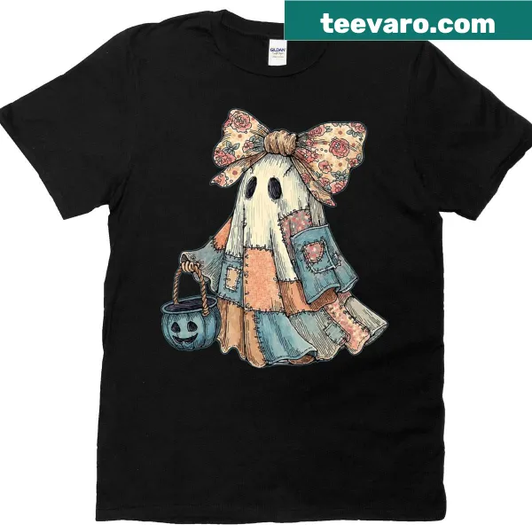 Cute retro ghost Halloween T-shirt with patchwork design and bow