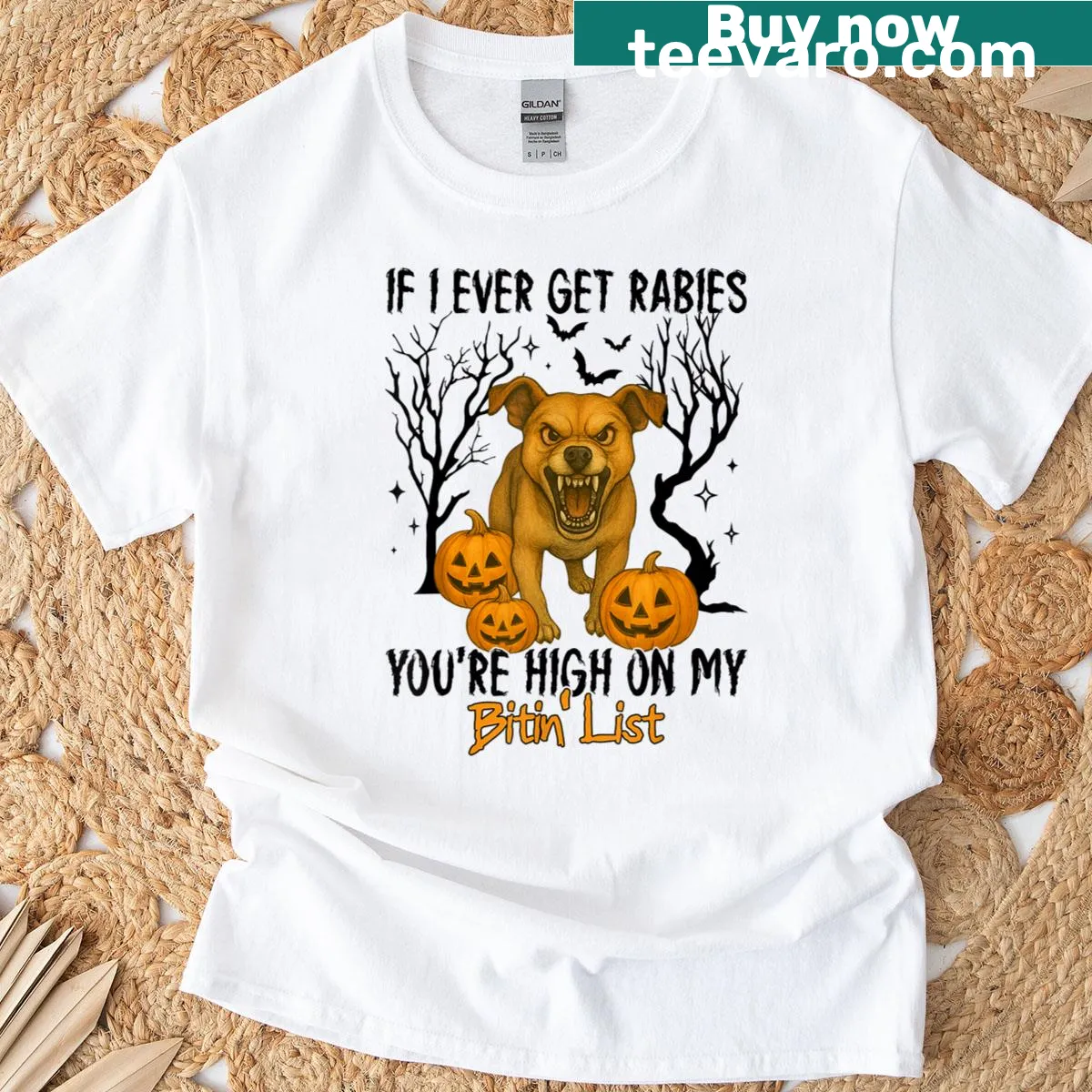 Funny retro t-shirt with rabies humor and biting list phrase — on a men's t-shirt