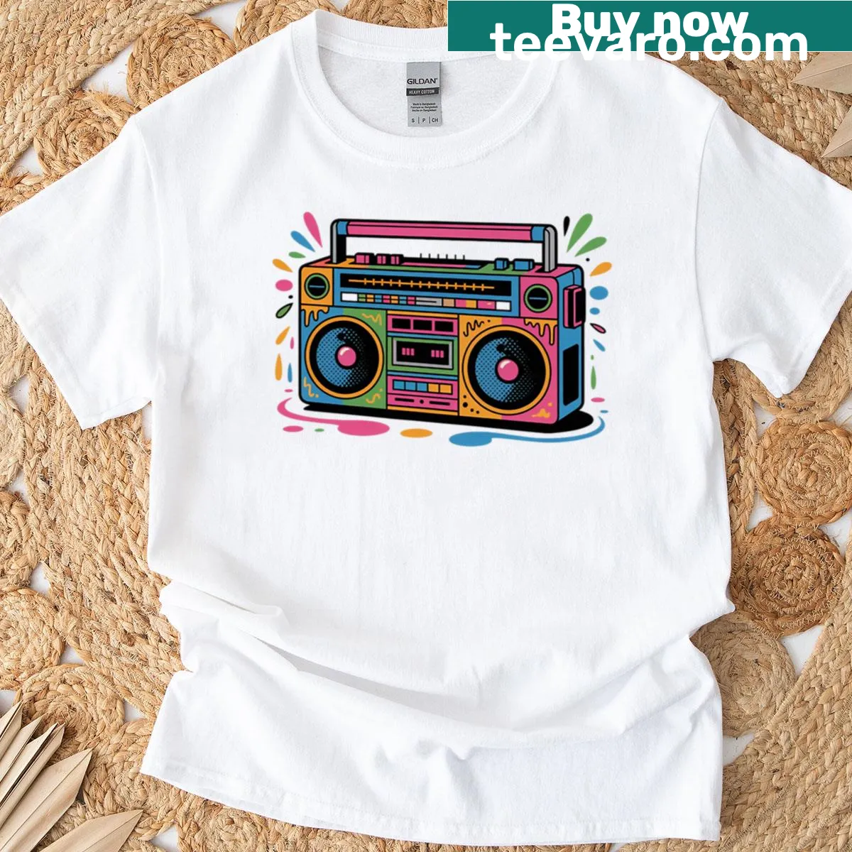 Retro radio graphic with dripping paint design — on a men's t-shirt