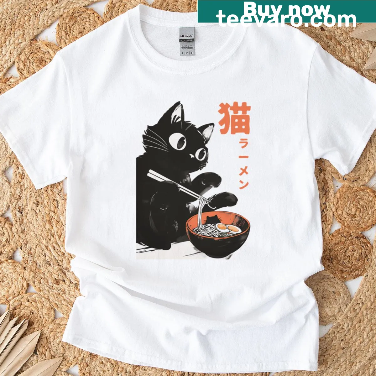 Retro illustration of ramen characters on a T-shirt — on a men's t-shirt