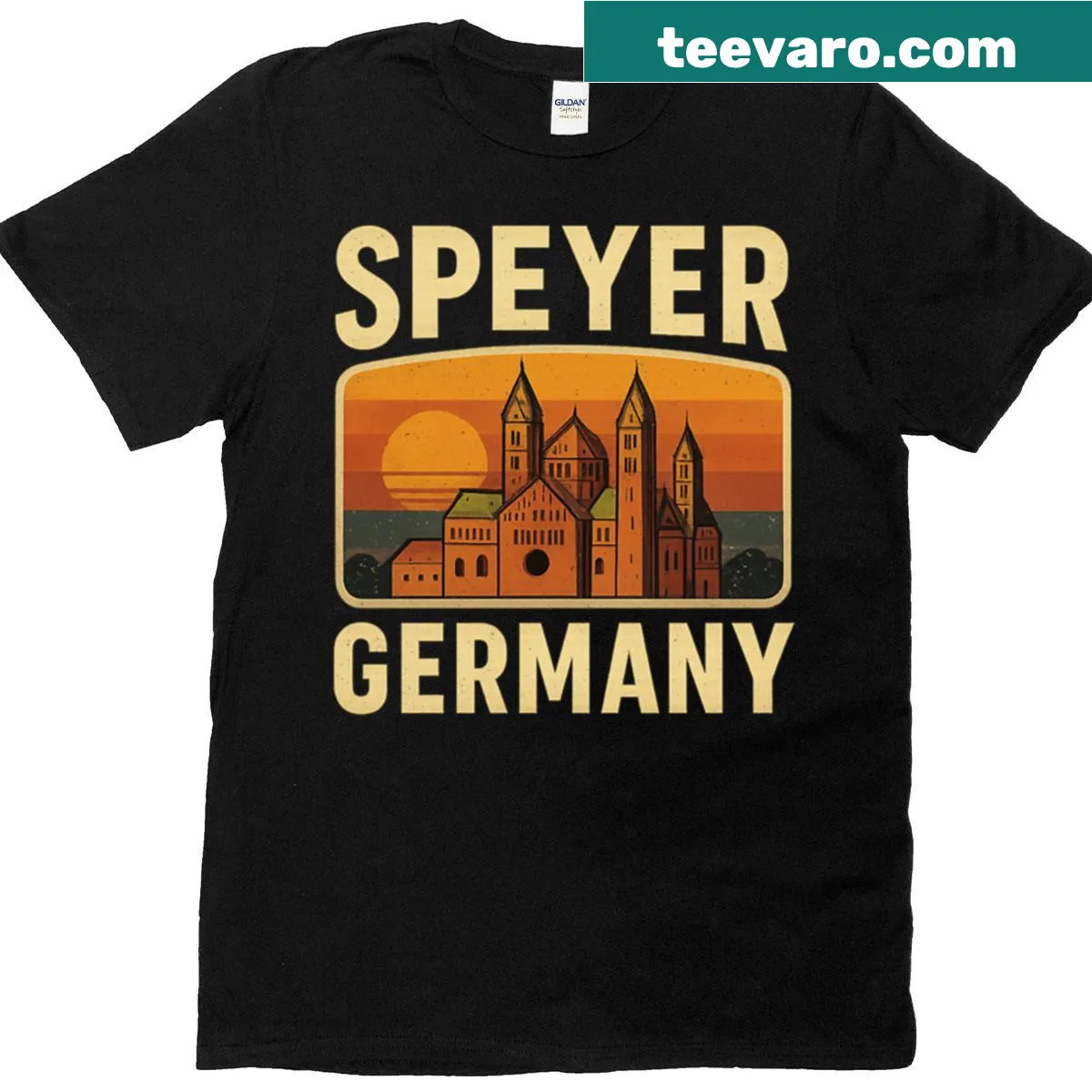 Retro travel T-shirt featuring Speyer Germany design — on a men's t-shirt