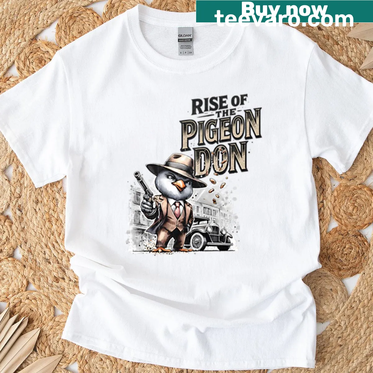 Cartoon pigeon in a fedora representing a mafia boss in t-shirt design — on a men's t-shirt