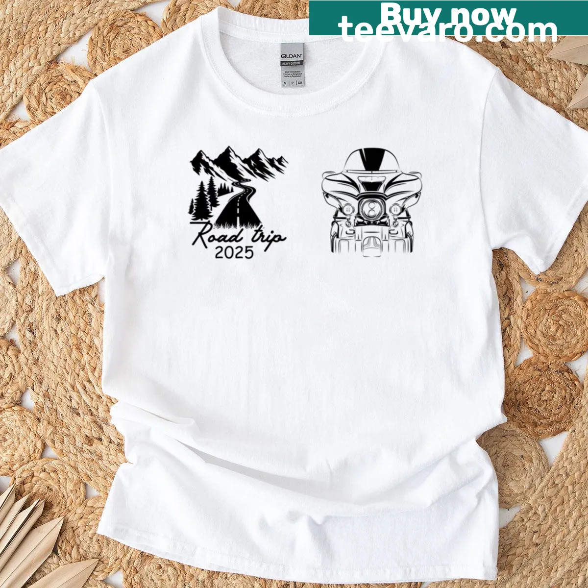 T-shirt featuring a touring bike graphic for road trips — on a men's t-shirt