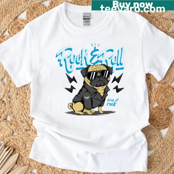 Rock and roll themed t-shirt with a playful pug illustration