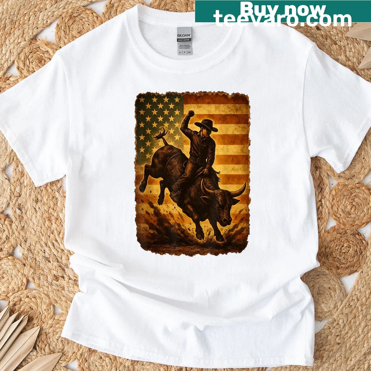 Bull rider graphic on rustic rodeo T-shirt — on a men's t-shirt