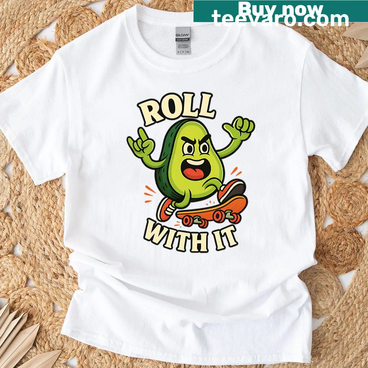 Cartoon avocado skateboarding in a playful design — on a men's t-shirt