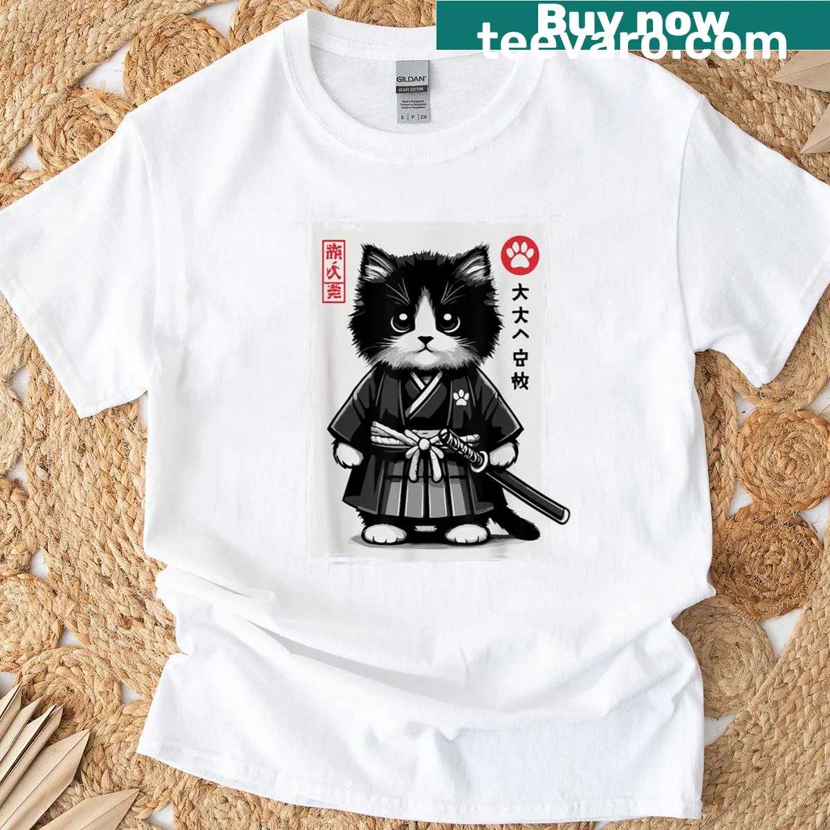 Kawaii samurai cat graphic T-shirt — on a men's t-shirt