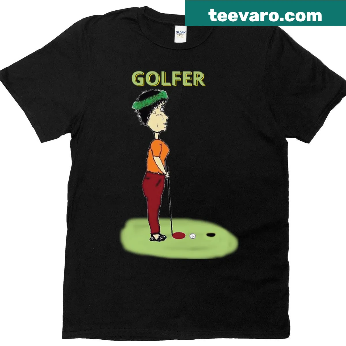 Playful golfer illustration featuring the name Sandy on a T-shirt — on a men's t-shirt
