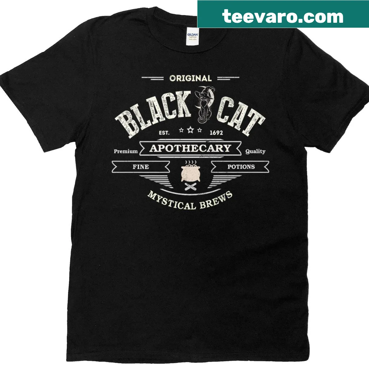 Sarcastic black cat witch with potion bottles on a t-shirt — on a men's t-shirt