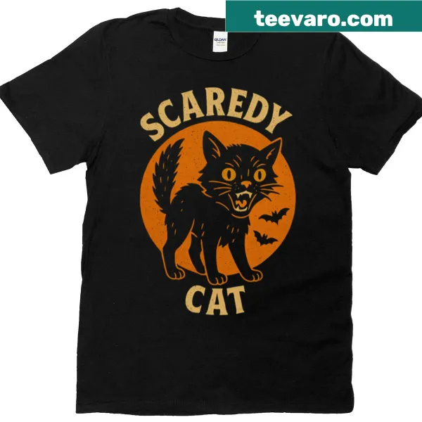 Vintage Halloween T-shirt featuring a scaredy cat black cat graphic