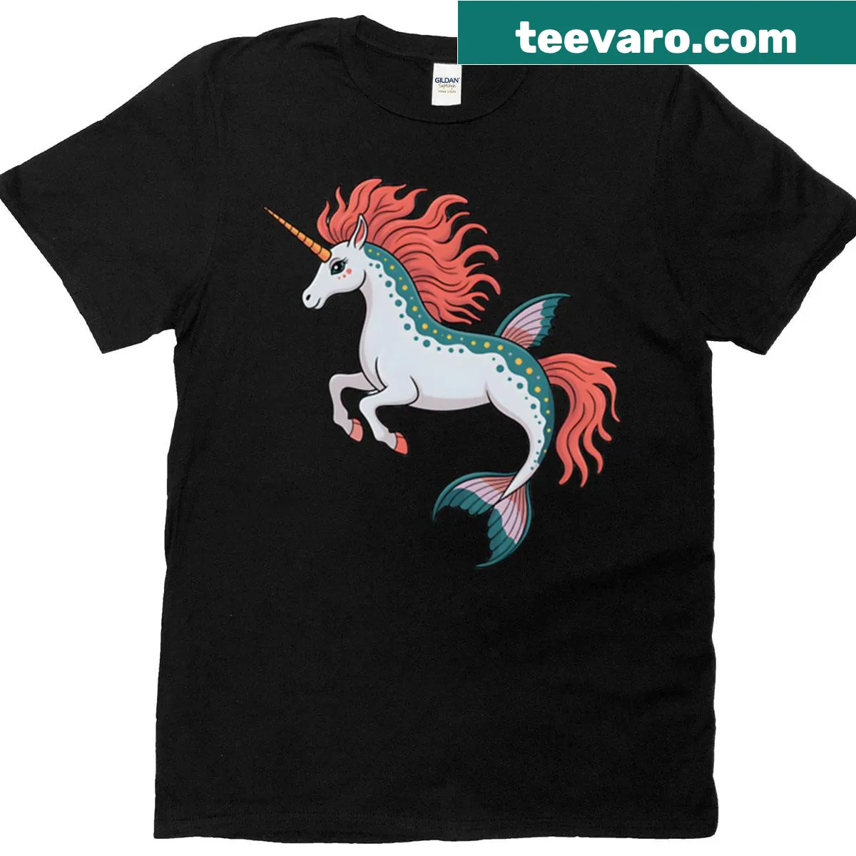 Charming Sea Unicorn t-shirt featuring an illustration of a unicorn with a coral mane — on a men's t-shirt