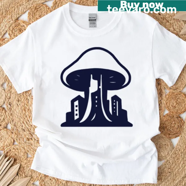 Whimsical graphic of a colorful mushroom city