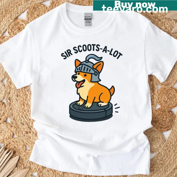 Funny t-shirt with corgi knight riding a robot vacuum