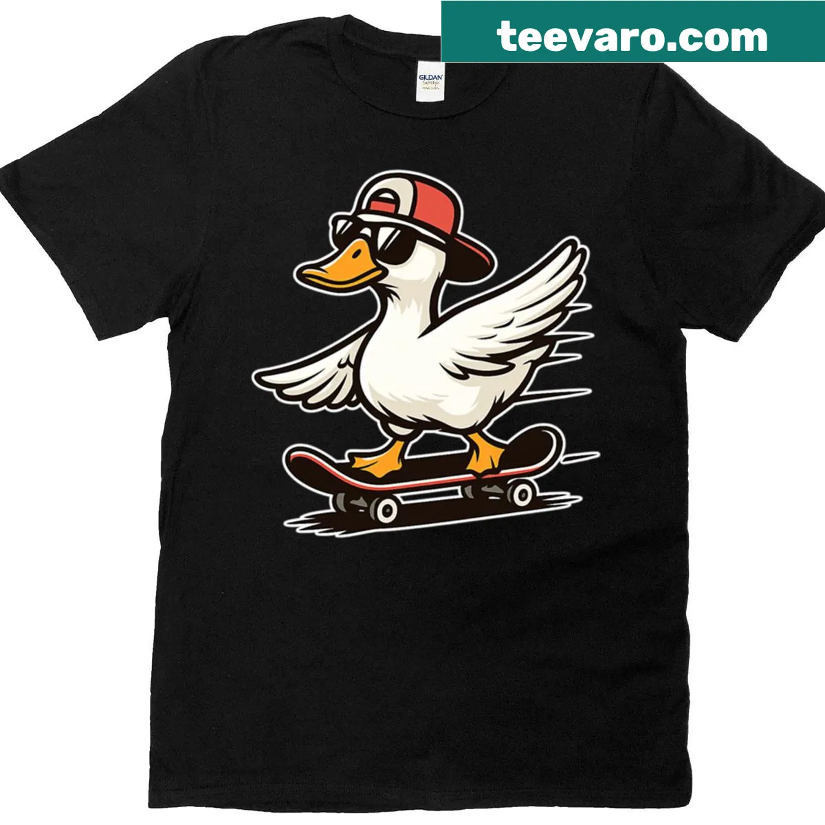 Whimsical skater duck illustration on a playful t-shirt — on a men's t-shirt