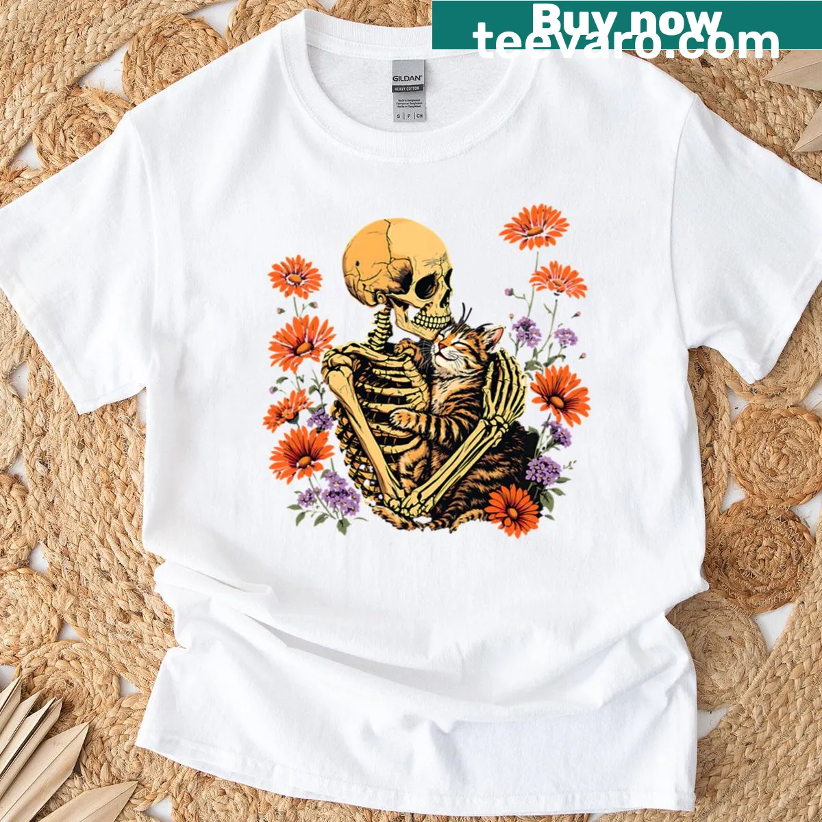 Cute illustration of skeleton hugging a cat on a t-shirt — on a men's t-shirt