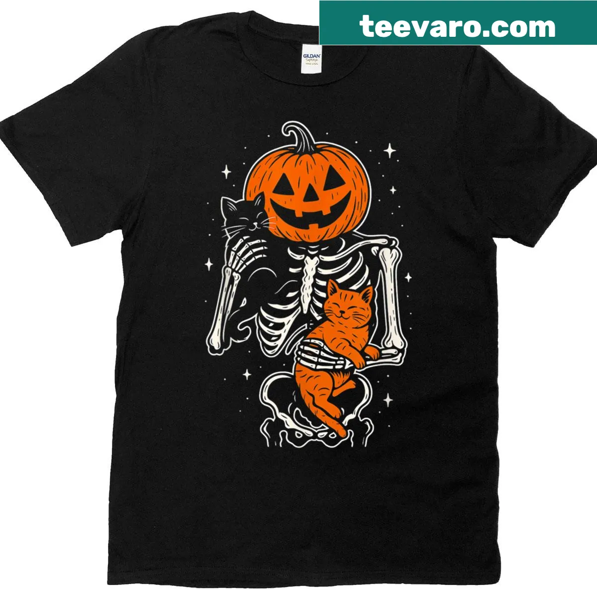 Skeleton hugging a cat next to a pumpkin for Halloween — on a men's t-shirt