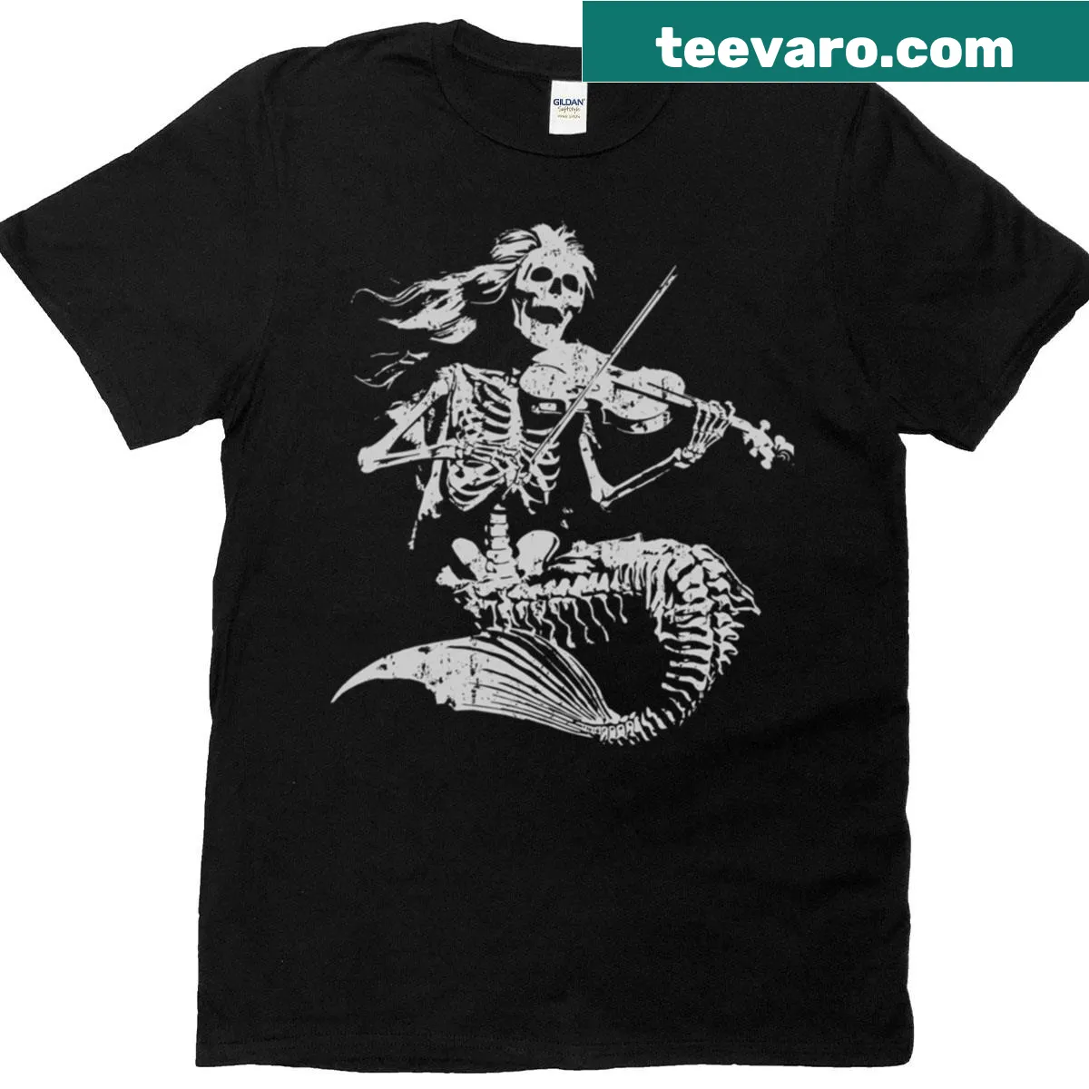 Skeleton mermaid playing guitar in a rock star design t-shirt — on a men's t-shirt