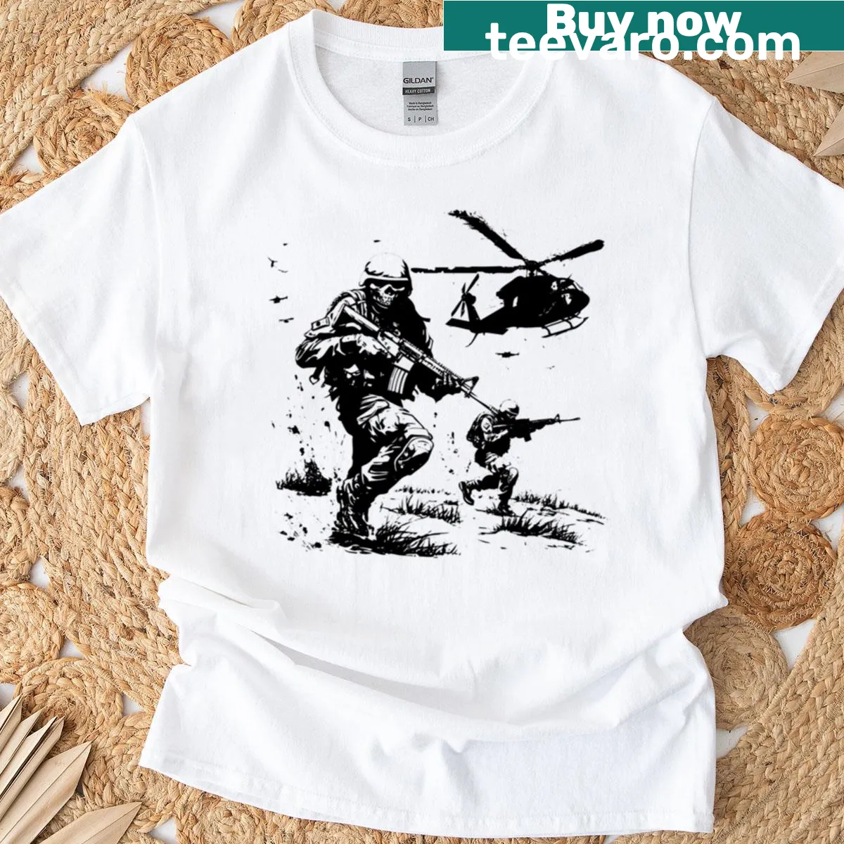 Military-themed t-shirt featuring a skull soldier in combat — on a men's t-shirt