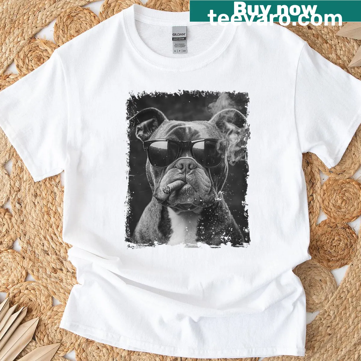 Cool bulldog in sunglasses graphic on a t-shirt — on a men's t-shirt