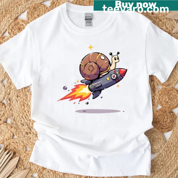 Illustration of a snail riding a rocket on a t-shirt