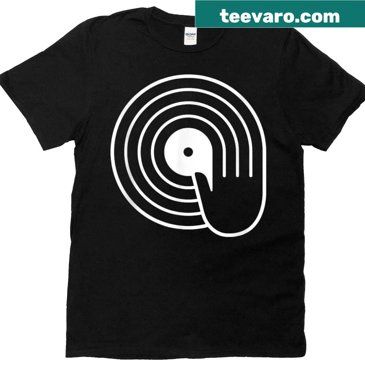 Minimalist t-shirt with spinning vinyl record DJ graphic — on a men's t-shirt