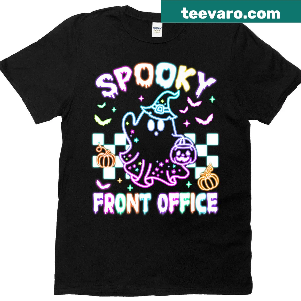 Cute ghost in checkered design for an office Halloween t-shirt — on a men's t-shirt