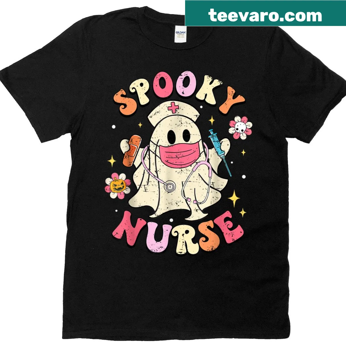 Cute ghost in scrubs for a spooky nurse Halloween t-shirt — on a men's t-shirt