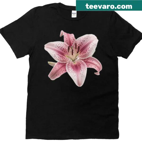Illustration of a spotted pink lily flower on a t-shirt