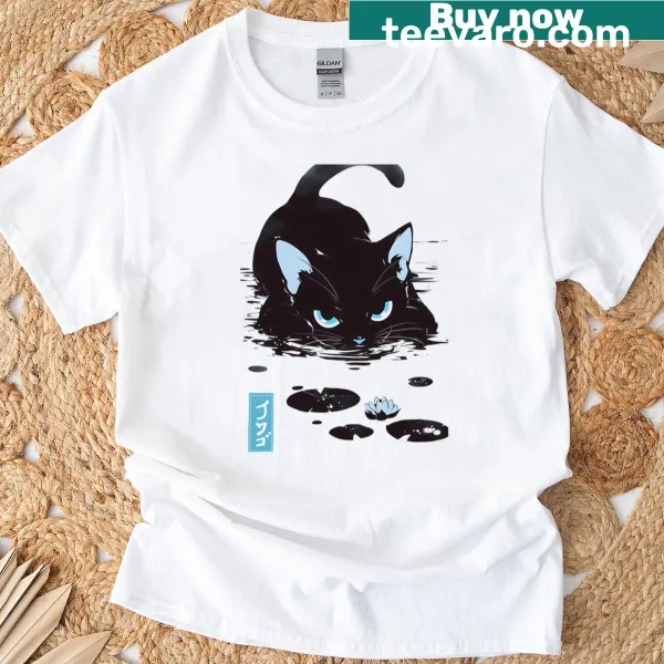 Adorable cat illustration amidst lilies on T-shirt