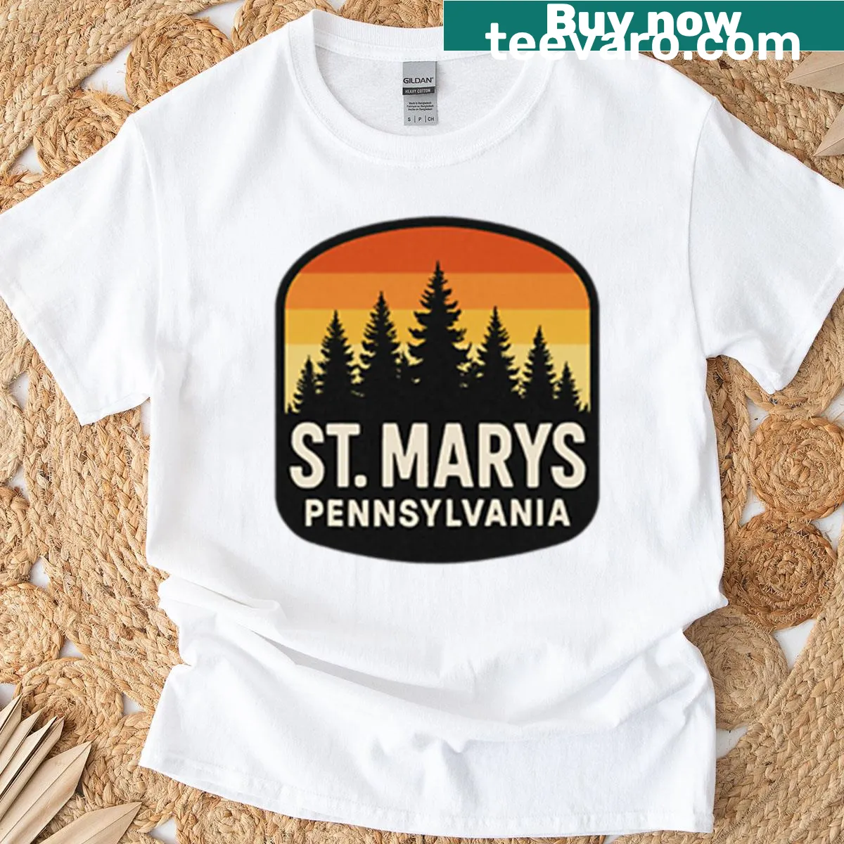Illustrated design representing St. Marys, Pennsylvania on T-shirt — on a men's t-shirt