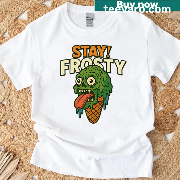 Cartoon zombie ice cream cone graphic on T-shirt